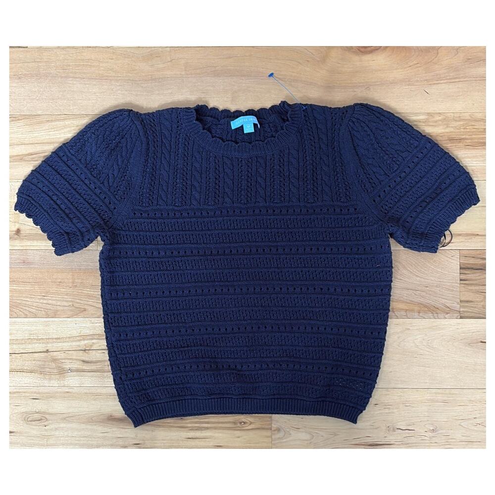 Draper James Navy Blue Pointelle Cable Knit Puff Sleeve Sweater - Size M - Picture 2 of 5